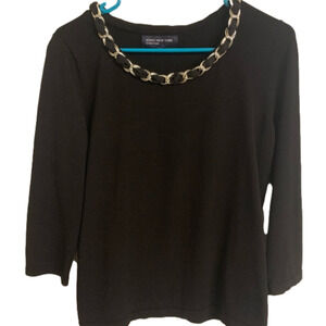 Jones New York Black Large Top with faux silver chain around neckline Large